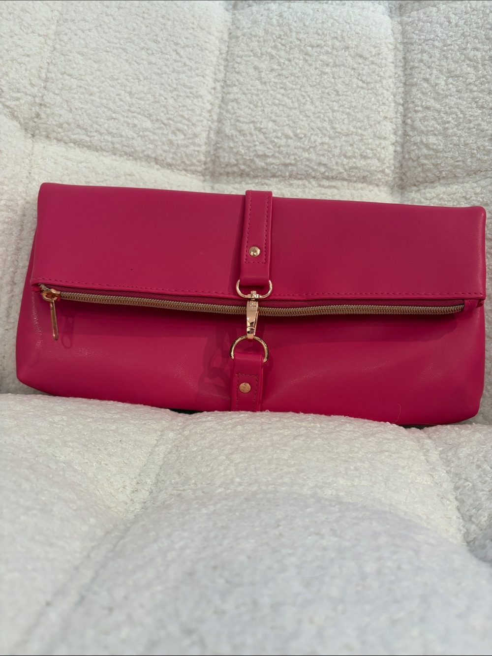 Hot Pink Fold-Over Clutch Bag with Gold Accent